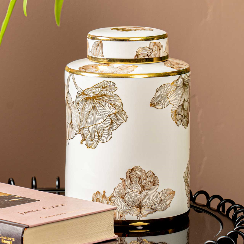 White & Gold Floral Lidded Jar