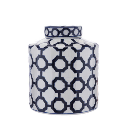 Short Blue & White Geometric Ginger Jar detail – Leya Buster Interiors