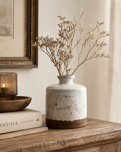 Aged Cream Terracotta Vase with Dark Brown Base – decorative vase at Leya Buster Interiors