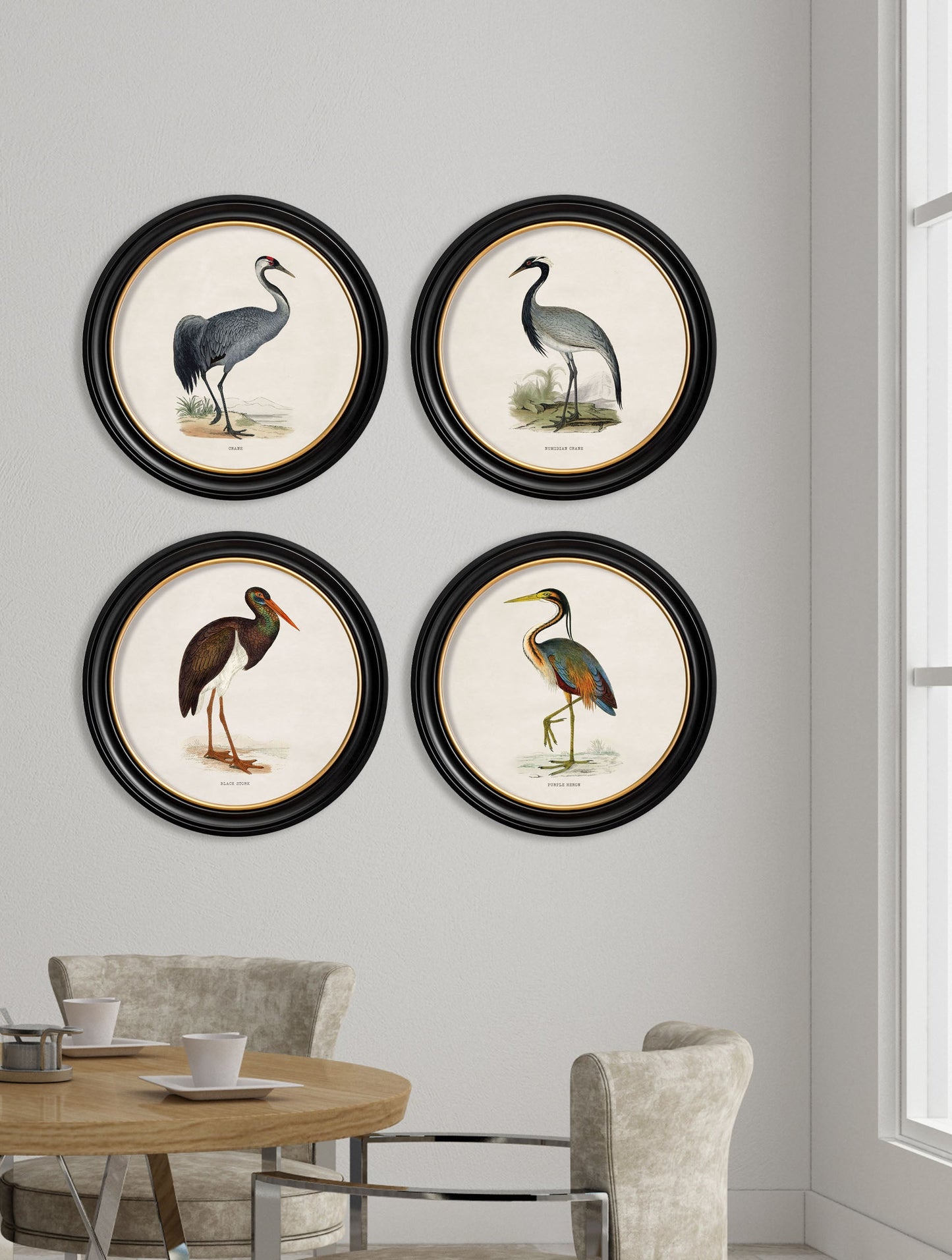 c.1870 Wading Birds in Round Frames – framed wall art at Leya Buster Interiors