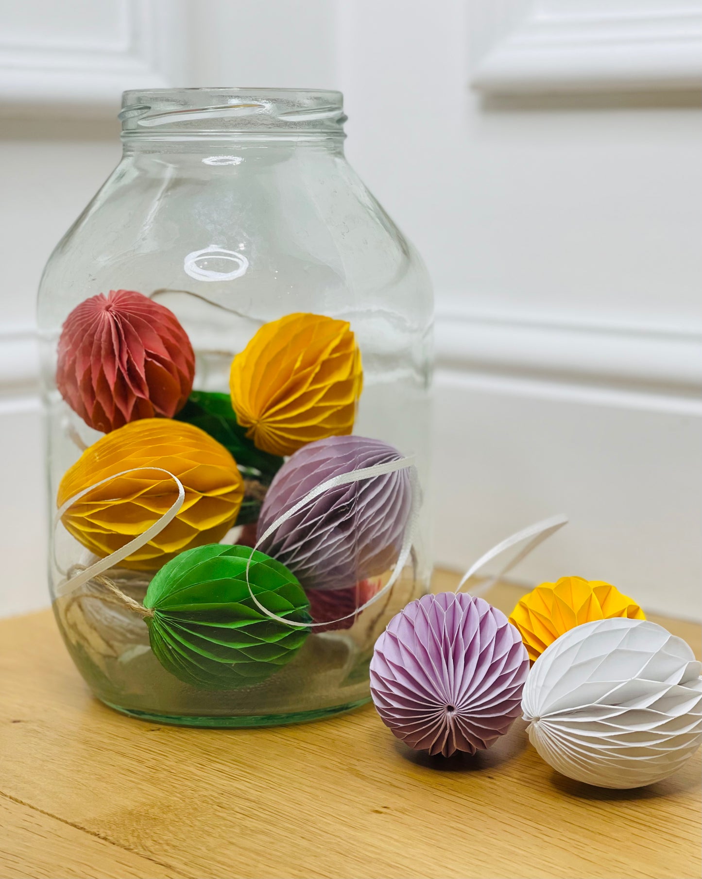 Yellow Hanging Paper Easter Eggs – Set of 4 styled view – Leya Buster Interiors